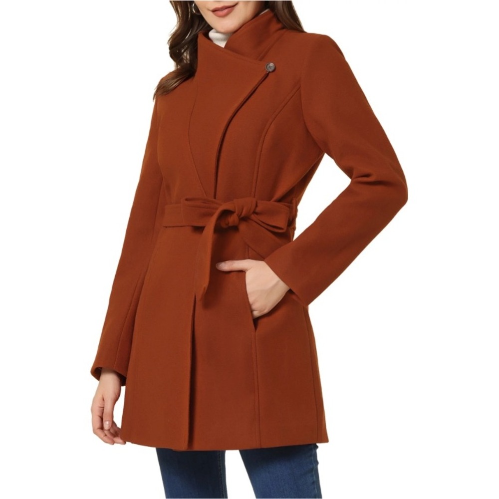Allegra K‎ Womens Rust Orange Asymmetrical Stand Collar Belted Wrap Coat XS New